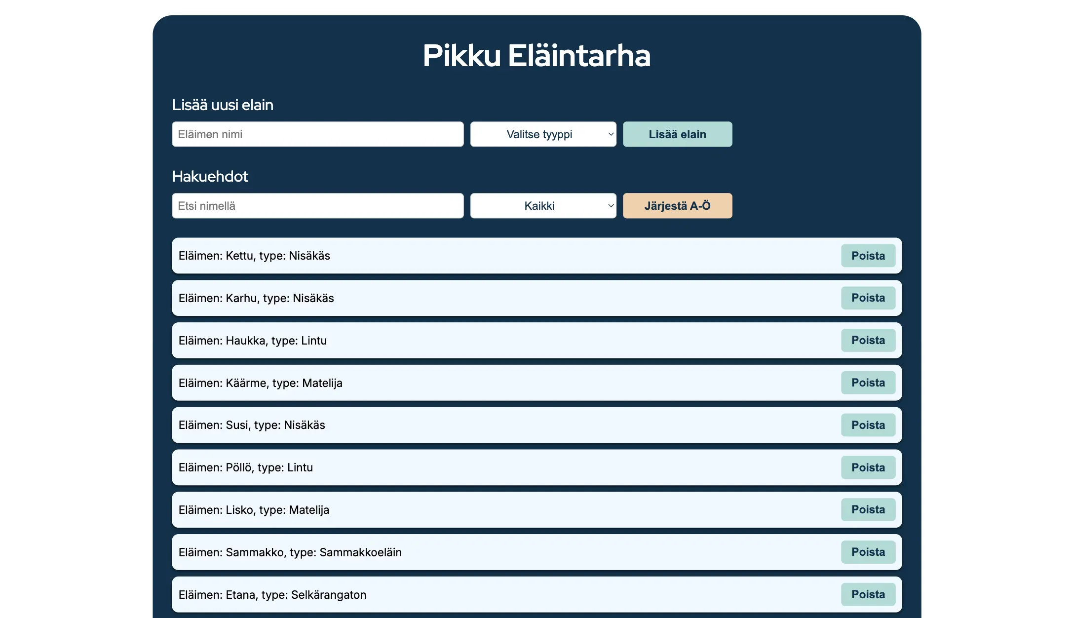 Little Zoo web project screenshot